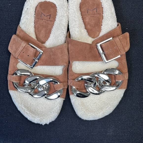 Marc Fisher LTD Flats Slip On Brown Suede Sherpa Sandals Silver Chain Slides 5 - Picture 6 of 12